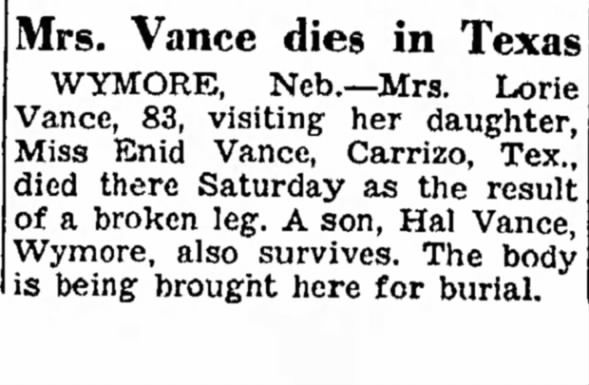 Laurie Mathilda Light Vance, 1859–1943 obituary